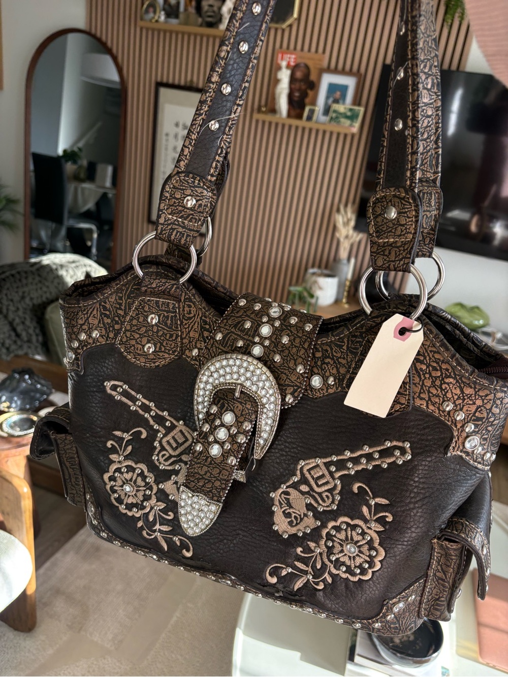 Embellished Western-Style Leather Tote in Dark Brown